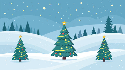 Christmas Tree Hill Landscape Flat Vector Winter Background