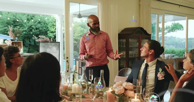 Speaker standing at wedding table initiating speech honoring couple with floating animated icons