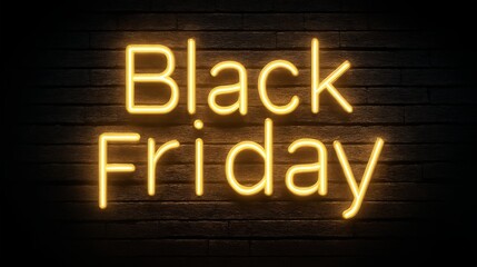 Description: Yellow Black Friday neon light on brick wall for retail sale advertising