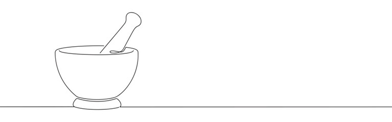 Continuous one line drawing of a mortar and pestle, symbolizing traditional medicine, pharmacy, cooking, and grinding ingredients.	