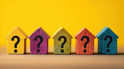 Colorful Wooden House Figures with Question Marks, Property Investment Concept, Housing Market Query, Vibrant Background for Real Estate Imagery