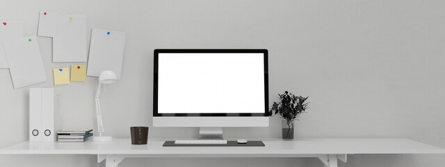 3D render clean table office desk with empty screen computer and office supplies
