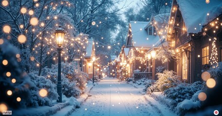 Magical winter street glowing with warm festive lights and snow-covered houses. Cozy Christmas atmosphere with sparkling decorations and peaceful charm under a starry holiday night sky.