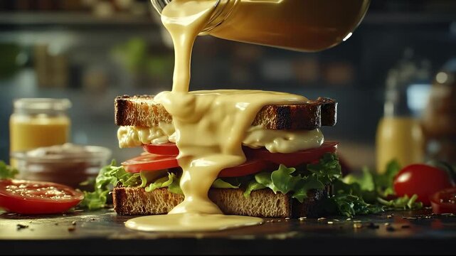 Creamy sauce is cascading over a tall sandwich stacked with fresh lettuce, tomato, and toasted bread. This sandwich features vibrant layers of color and appealing textures througho