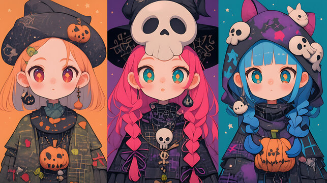 Three anime characters halloween costumes, mummy, vampire, pumpkin. boo - Powered by Adobe
