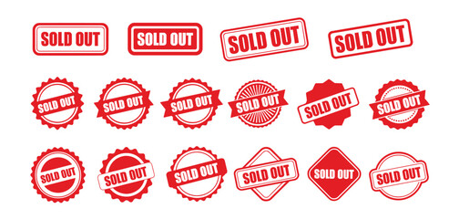 Collection of red rubber stamp and seal graphics illustrating the phrase 'sold out'