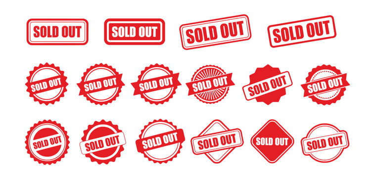Collection of red rubber stamp and seal graphics illustrating the phrase 'sold out'
