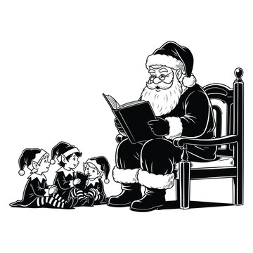santa reading to elves black and white clip art preview