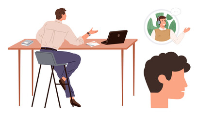 Office worker sitting at desk engaging in video call with remote assistant wearing headset, showcasing digital collaboration, remote work, and communication. Ideal for teamwork, support, technology