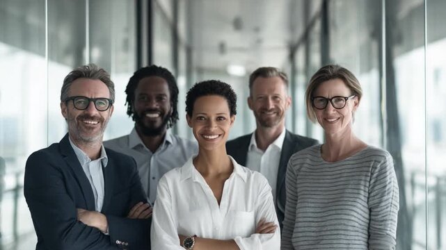 United in Purpose: Portrait of a confident, diverse professional team, exuding warmth and competence in a modern office environment. Reflecting collaborative spirit and shared goals.