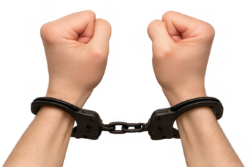 Hands locked in black metal handcuffs, symbolizing arrest, crime, justice, law enforcement, and confinement on transparent background