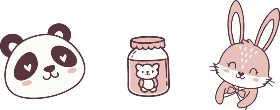 Delightful cartoon panda, bunny, and teddy bear in jars, perfect for baby shower invitations, nursery decor, or children's book illustrations with whimsical charm