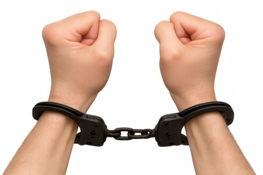 Hands locked in black metal handcuffs, symbolizing arrest, crime, justice, law enforcement, and confinement on transparent background - Powered by Adobe