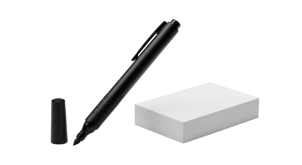 A sleek black marker pen, cap on, angled 45 degrees, beside a neat stack of five transparent blank business cards on a clean transparent studio background. Concept of ideation and new beginnings