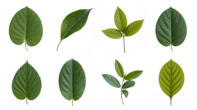 Assorted green leaf collection isolated on a transparent background
