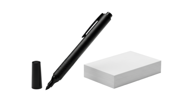 A sleek black marker pen, cap on, angled 45 degrees, beside a neat stack of five transparent blank business cards on a clean transparent studio background. Concept of ideation and new beginnings