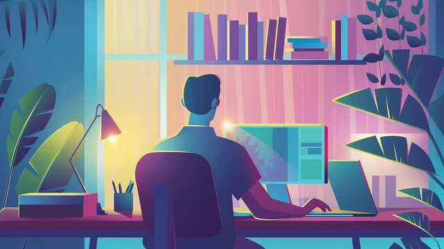 Animated man freelancer working on computer at home office desk