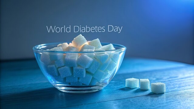 A glass bowl filled with sugar cubes fading into blue background representing diabetes awareness, sweetness control, medical prevention, and global health care campaign design visuals.