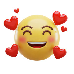 Joyful yellow emoji face with blushing cheeks and floating red hearts illustration isolated on transparent background