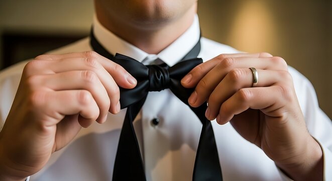 Man Adjusting Black Bow Tie Wearing Formal White Shirt in Elegant Setting
