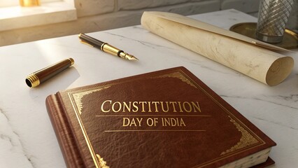 Artistic composition featuring the Indian Constitution and national symbols with tricolor theme representing patriotism
