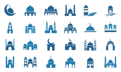 Collection of islamic mosque building silhouette icons for architectural design elements