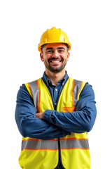 Fototapeta premium Smiling Construction Worker in Hard Hat and Safety Vest Bright Environment Positive Vibes on Job Site