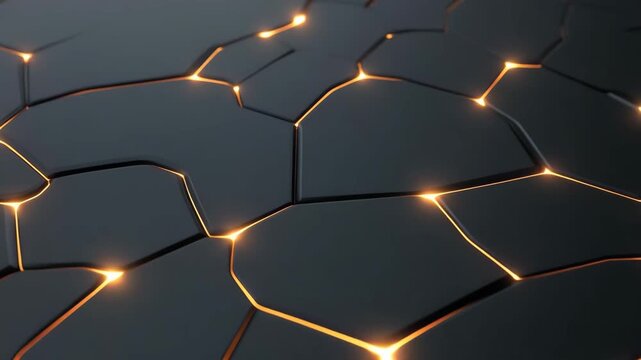 Black Surface Glowing Orange Lines Abstract Cracked Pattern. Modern Technology Texture