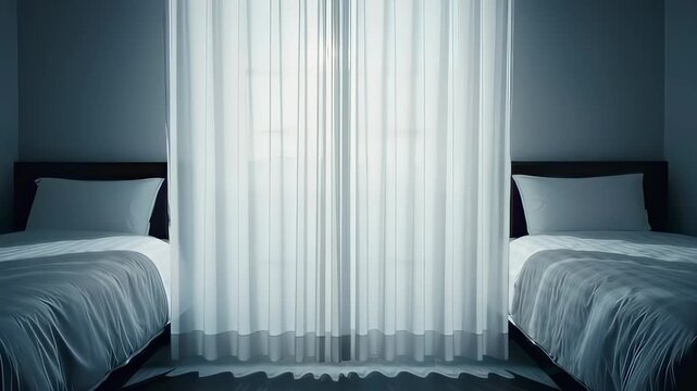 This serene video captures a softly lit bedroom with two twin beds covered in cozy bedding. The sheer curtains gently filter the light, creating a tranquil atmosphere perfect for rest and relaxation i