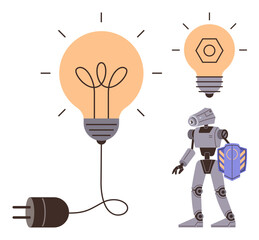 Robot holding shield beside connected lightbulbs featuring a plug and mechanism inside. Ideal for innovation, technology, artificial intelligence, creativity, protection, electricity