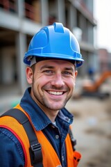 Fototapeta premium Smiling Construction Worker in Hard Hat Shows Commitment to Safety at Job Site Industrial Environment Close-Up View
