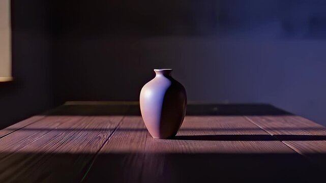 This captivating video focuses on a beautifully crafted vase sitting elegantly on a wooden table. Soft lighting casts gentle shadows, enhancing its artistic design. The interplay between light and tex