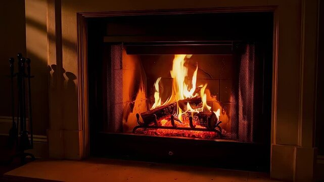 This cozy video features a crackling fireplace, where vibrant flames dance over logs, radiating warmth and creating an inviting atmosphere. The flickering light casts soft shadows, enhancing the tranq