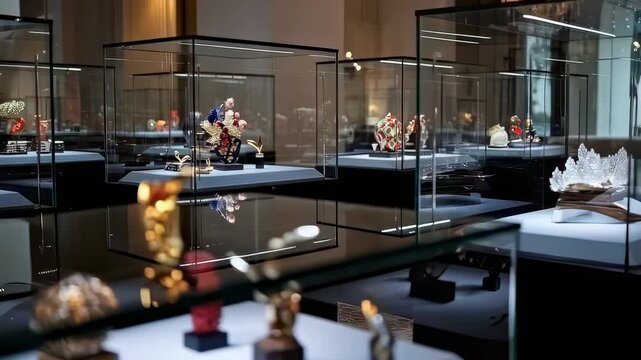 This captivating video showcases a mesmerizing art exhibition featuring intricate sculptures displayed in sleek glass cases. Each piece reflects artistic mastery and creativity. The soft lighting enha
