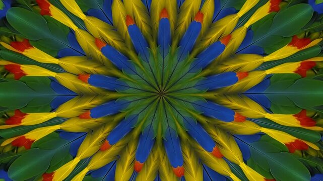 Vibrant kaleidoscope of colorful parrot feathers in motion, creating a mesmerizing dynamic visual display perfect for artistic projects and commercial designs