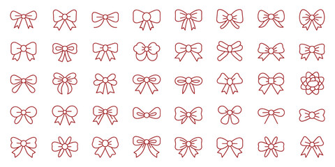 Diverse collection of hand-drawn bow icons in a continuous line art style, red outline