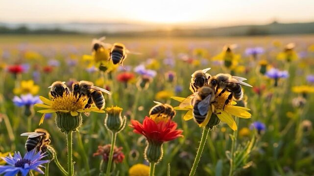 Honey bees and bumblebees pollinating colorful wildflowers in a vibrant meadow at golden hour with soft natural light