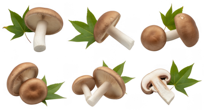 Brown mushrooms with green leaves isolated on a transparent background