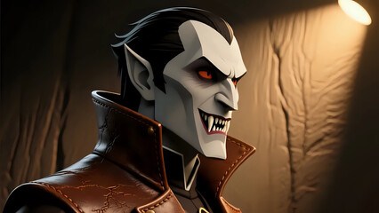 A sophisticated vampire's profile, with sharp fangs and a high collar, tooled into rich, brown distressed leather.