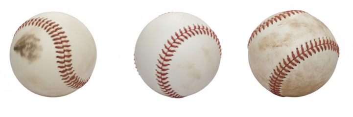 Three baseballs with red stitching isolated on a transparent background