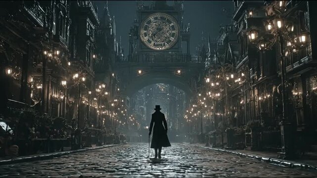 A lone figure walks down a cobblestone street toward a large clock tower at night