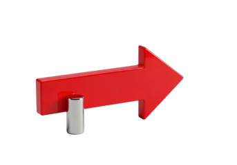 Bright red, glossy, reflective arrow, angled 45 degrees pointing right, with a small polished brushed chrome cylinder on a seamless transparent studio background. Concept of modern precision