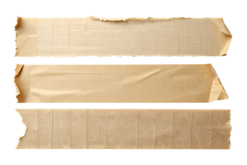 Torn beige masking tape pieces isolated, realistic paper texture style, on clean white background. Concept of cutout design element. 
