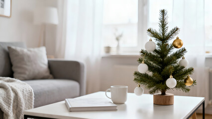 Naklejka premium Cozy Living Room with Small Christmas Tree and Mug