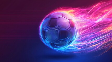 Dynamic Soccer Ball with Motion Blur and Vibrant Neon Light Trails on Dark Background, Sports and Technology Concept