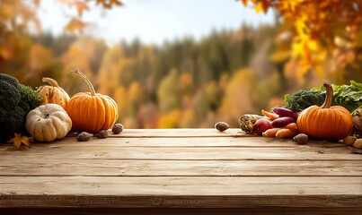 Pumpkins and autumn leaves on a wooden table for fall harvest decoration.