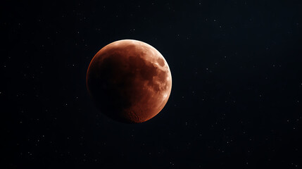 Experience the awe of a blood moon as it hangs suspended in the inky expanse of space, stars punctuate the darkness. A celestial phenomenon that evokes wonder and reflection.