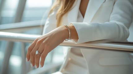 Obraz premium Elegant Woman in White Suit with Diamond Ring and Silver Bracelet Leaning on Railing in Modern Interior