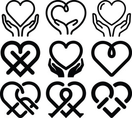 Collection of stylized heart icons with hands and knots