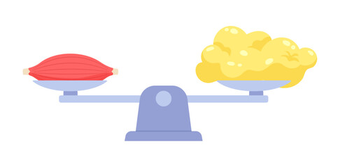 Comparison of Muscle and Fat on Weight Scale. Adipose tissue and muscle size in same weight. Flat vector illustration on white background.